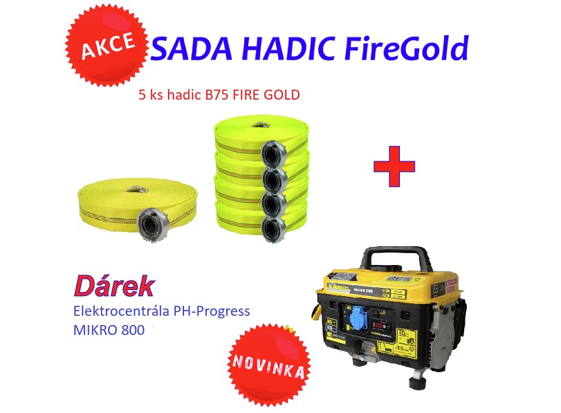 AKCE-Zásahové hadice FIRE GOLD 5xB75/20m s AL konc.+Elektrocentrála PH-PROGRESS MIKRO 800
